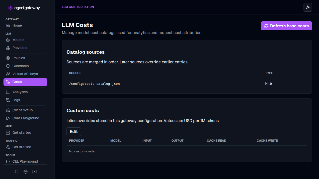 Admin UI LLM Costs page showing catalog sources and custom cost overrides